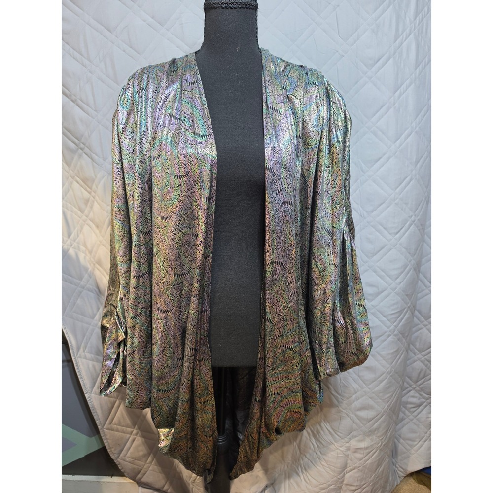 Holographic Iridescent Peacock Pattern Open Front Kimono Cardigan Metallic Multi